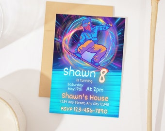 May include: A blue and purple birthday invitation with a neon glow effect. The invitation features a cartoon snowboarder and the text "Shawn 8 is turning Saturday May 17th At 2pm Shawn's House 1234 Any Street, Any City 12345 RSVP 123-456-7890".