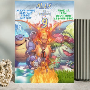 Invitation d'anniversaire Pokémon | Invitation de fête d'anniversaire de carte Pokemon | Modèle numérique modifiable et personnalisé | Invitation de carte Charizard
