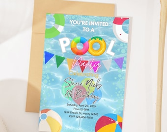 Puede incluir: Invitación a una fiesta en la piscina con un fondo de agua azul, flotadores coloridos y pelotas de playa. La invitación dice "You're Invited to a Pool Party Celebrating Stevie Nicks 8th Birthday" con fecha, hora e información de RSVP.