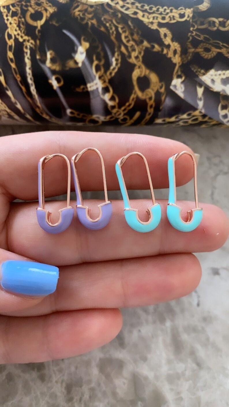 Neon Pink Orange Enamel Safety Pin Drop Earring, Ear Pin Huggie Earring