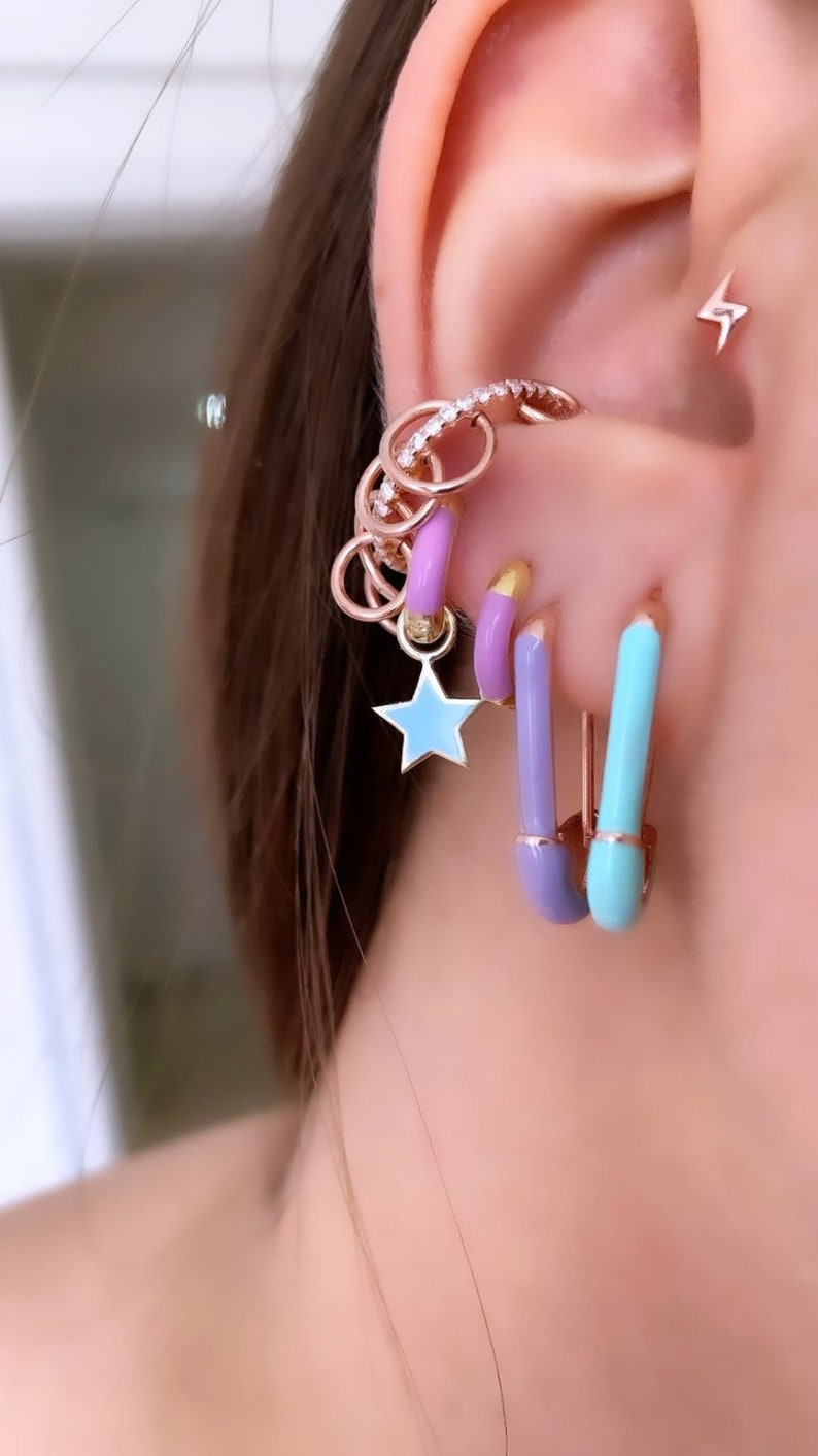 Neon Pink Orange Enamel Safety Pin Drop Earring, Ear Pin Huggie Earring