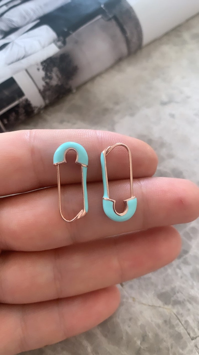 Neon Pink Orange Enamel Safety Pin Drop Earring, Ear Pin Huggie Earring