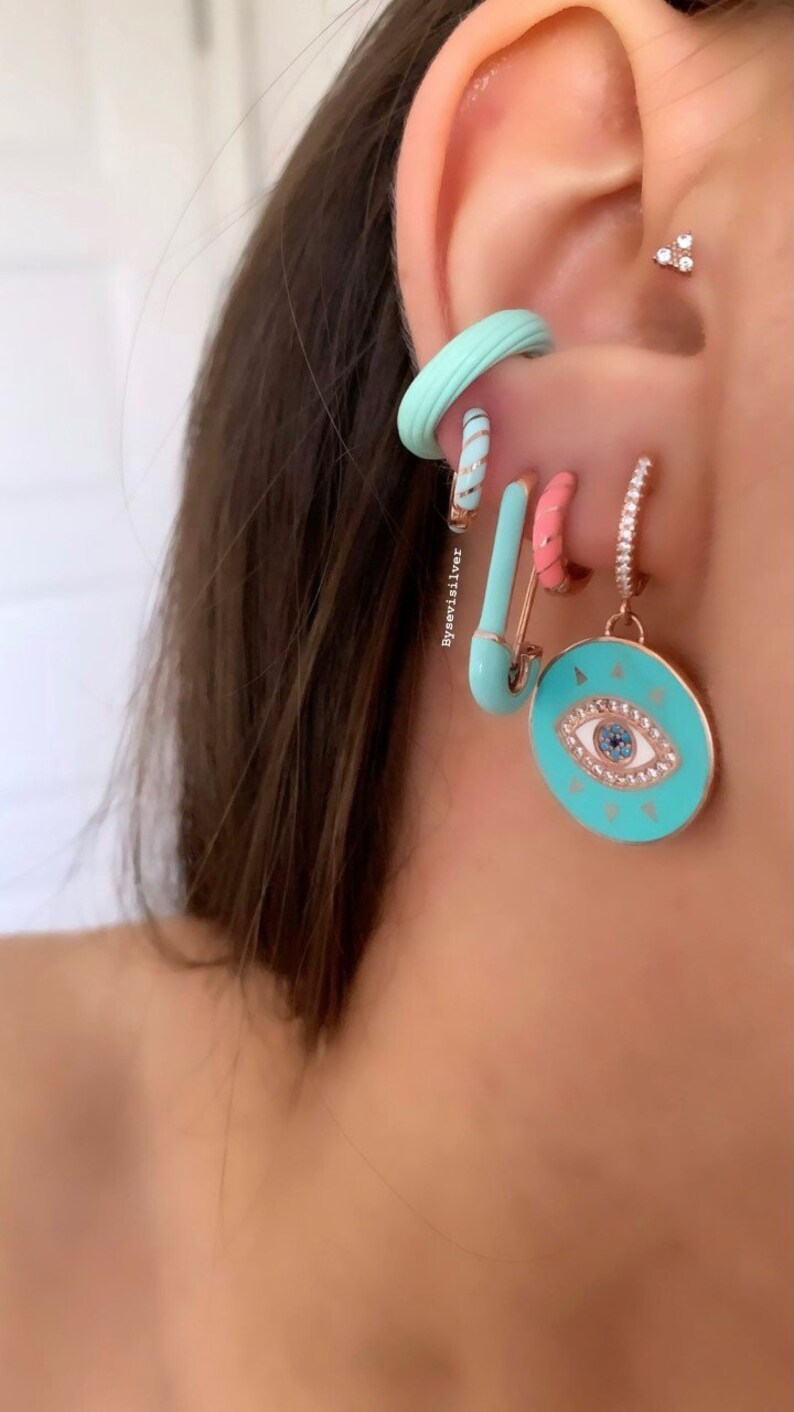 Neon Pink Orange Enamel Safety Pin Drop Earring, Ear Pin Huggie Earring