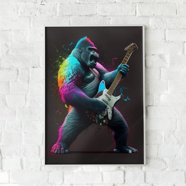 Gorilla Playing Guitar Portrait, Funny Animal Pop Art Painting, Colorful Instrument Artwork, Printable Download