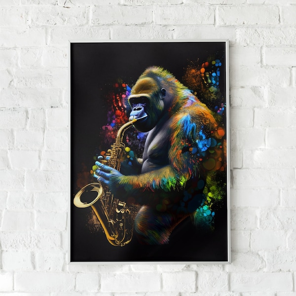 Gorilla Playing Saxophone Portrait, Funny Animal Pop Art Painting, Colorful Instrument Artwork, Printable Download