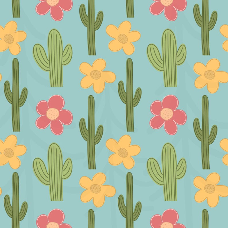K&ouml;nnte beinhalten: Ein sich wiederholendes Muster aus gr&uuml;nen Kakteen und gelben und rosa Blumen auf hellblauem Hintergrund. Die Kakteen und Blumen sind stilisiert. Das Design ist einfach und farbenfroh.