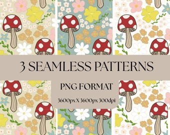 Mushroom Seamless Pattern Bundle PNG | Cottagecore Woodland Pattern | Repeating Mushroom Design | Commercial Use