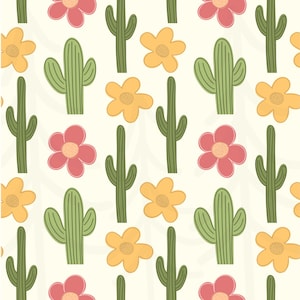 K&ouml;nnte beinhalten: Ein sich wiederholendes Muster aus gr&uuml;nen Kakteen, gelben Blumen und rosa Bl&uuml;ten auf cremefarbenem Hintergrund. Die Kakteen sind hoch und schlank, w&auml;hrend die Blumen mehrere Bl&uuml;tenbl&auml;tter haben. Das Design ist einfach und fr&ouml;hlich.