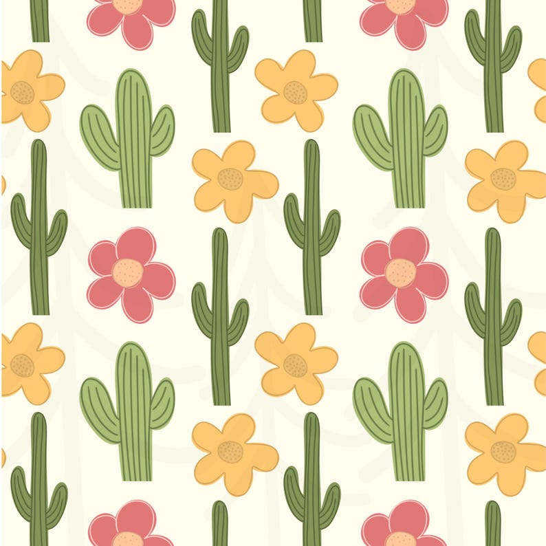 K&ouml;nnte beinhalten: Ein sich wiederholendes Muster aus gr&uuml;nen Kakteen, gelben Blumen und rosa Bl&uuml;ten auf cremefarbenem Hintergrund. Die Kakteen sind hoch und schlank, w&auml;hrend die Blumen mehrere Bl&uuml;tenbl&auml;tter haben. Das Design ist einfach und fr&ouml;hlich.