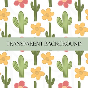 K&ouml;nnte beinhalten: Ein nahtloses Muster mit stilisierten Kakteen, gelben und roten Blumen auf wei&szlig;em Hintergrund. Das Design enth&auml;lt den Text "TRANSPARENT BACKGROUND" in einem gr&uuml;nen Banner. Geeignet f&uuml;r verschiedene Designanwendungen.