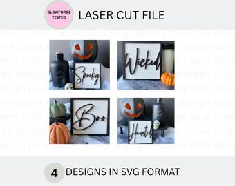 Halloween Tiered Tray Signs SVG File Set for Laser Cutting | Glowforge Tiered Tray Decor | Commercial License Included