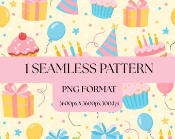 Birthday Seamless Pattern PNG | Birthday Party Digital Paper | Cupcake Balloon Gift Repeating Pattern | Commercial License Included