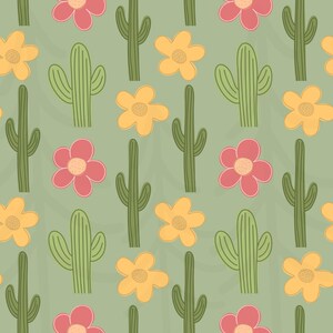 K&ouml;nnte beinhalten: Ein nahtloses Muster mit gr&uuml;nen Kakteen und gelben und rosa Bl&uuml;ten auf einem ged&auml;mpften gr&uuml;nen Hintergrund. Das Design ist ein sich wiederholendes Muster stilisierter W&uuml;stenpflanzen, das eine fr&ouml;hliche und von der Natur inspirierte &Auml;sthetik schafft.