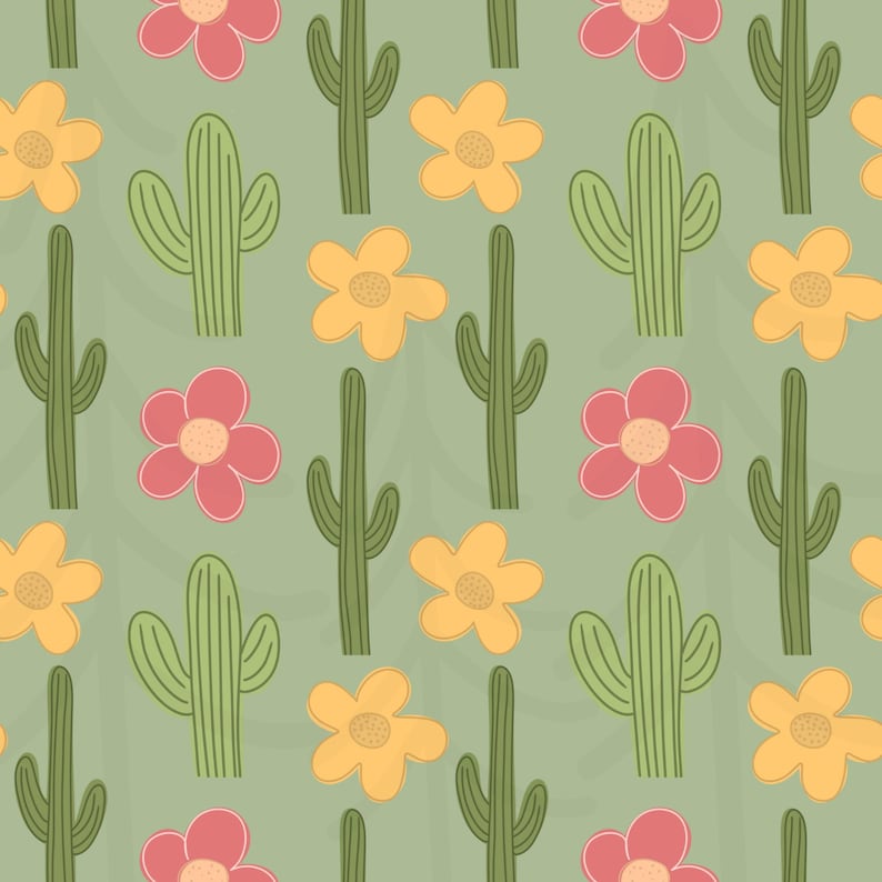 K&ouml;nnte beinhalten: Ein nahtloses Muster mit gr&uuml;nen Kakteen und gelben und rosa Bl&uuml;ten auf einem ged&auml;mpften gr&uuml;nen Hintergrund. Das Design ist ein sich wiederholendes Muster stilisierter W&uuml;stenpflanzen, das eine fr&ouml;hliche und von der Natur inspirierte &Auml;sthetik schafft.