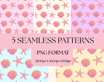 Seashell Seamless Pattern Bundle | Beach Coastal Digital Paper | 12x12 Summer Ocean Background | Commercial Use