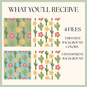 K&ouml;nnte beinhalten: Digitale Dateien mit Kaktus- und Blumenmustern in verschiedenen Farben. Das Bild zeigt vier Dateien mit unterschiedlichen Hintergrundfarben und einem transparenten Hintergrund. Der Text lautet "WHAT YOU'LL RECEIVE" und "4 FILES".