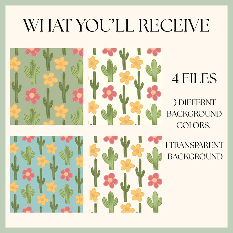K&ouml;nnte beinhalten: Digitale Dateien mit Kaktus- und Blumenmustern in verschiedenen Farben. Das Bild zeigt vier Dateien mit unterschiedlichen Hintergrundfarben und einem transparenten Hintergrund. Der Text lautet "WHAT YOU'LL RECEIVE" und "4 FILES".