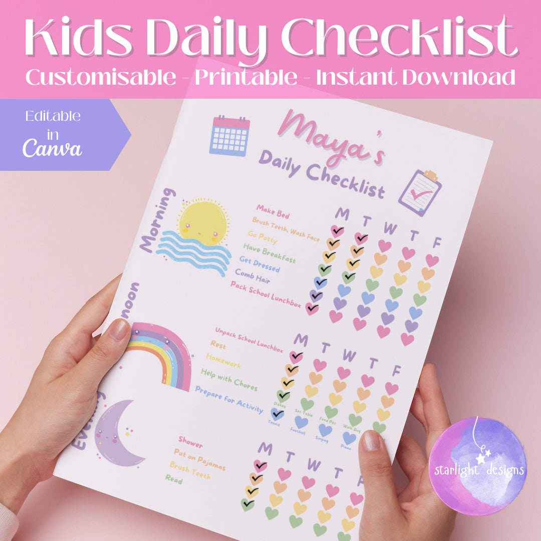Kids Daily Checklist Printable Checklist Kids Editable Kids Etsy