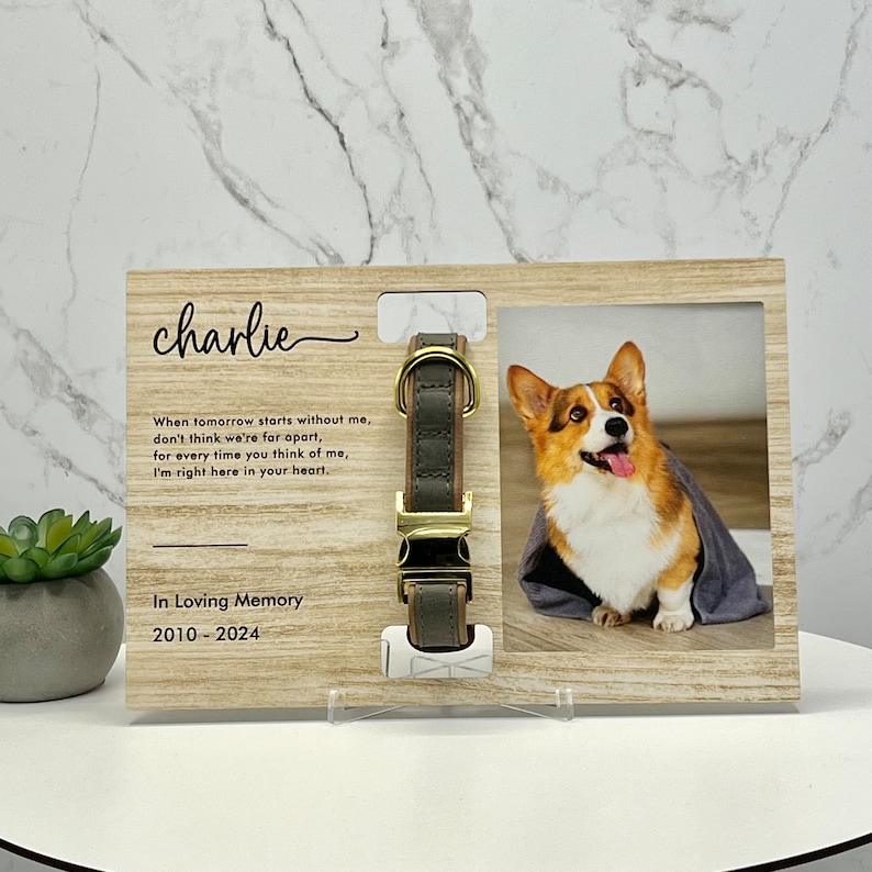 Gepersonaliseerd huisdier herdenkingslijst, herdenkingsdisplay, kraagdisplay, aangepaste huisdier herdenkingsfotolijst met kraaghouder, vaderdagcadeau Oak (HDF)