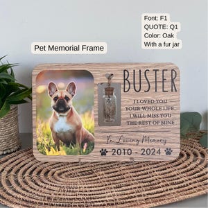 Pet Memorial Frame with Glass Fur Keepsake Vial - Personalized Pet Photo and Tribute, Pet Fur Jar