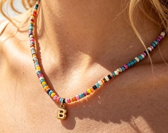 Rainbow Beaded With Initial Necklace, Colorful Natural Beads Choker, Gold Bubble Letter Necklace, Birthday Gift for Her, Womens Jewelry