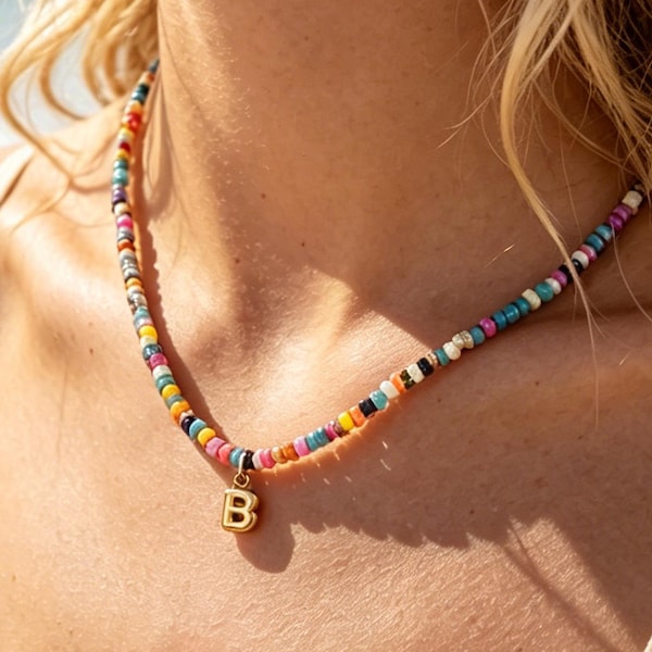 Rainbow Beaded With Initial Necklace, Colorful Natural Beads Choker, Gold Bubble Letter Necklace, Birthday Gift for Her, Womens Jewelry