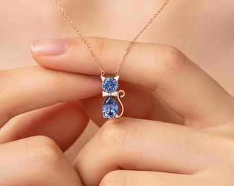 Custom Cat Necklace With Birthstone, Personalized Gold Kitten Pendant, Cat Lover Necklace, Women Jewelry, Birthday Gift For Her