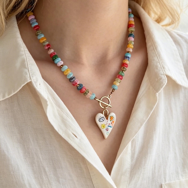 Gemstone Bead Necklace With Heart, Colorful Natural Beads Choker, Handmade Rainbow Gemstones Necklace, Gift for Her, Bridesmaid Gift