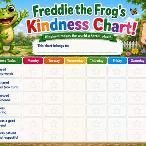 Op de afbeelding: Een rechthoekige vriendelijkheidskaart getiteld Freddie the Frog's Kindness Chart met een illustratie van een groene kikker. Het bevat een wekelijks takenrooster met rijen voor vriendelijke acties en kolommen voor elke dag van de week.