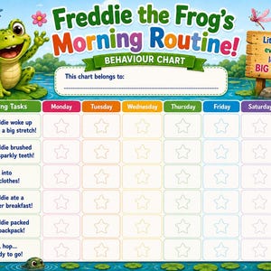 Op de afbeelding: Een Freddie the Frog's Morning Routine gedragskaart met een groene kikker, een wekelijks takenrooster, sterpictogrammen voor bijhouding en een houten bord met de tekst Little steps every day lead to BIG adventures.