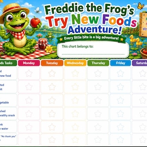 Op de afbeelding: Een kleurrijke Freddie the Frog's Try New Foods Adventure kaart met een groene kikker, een wekelijks takenrooster van maandag tot zondag en tekst waaronder Healthy foods help me grow strong and happy en This chart belongs to.