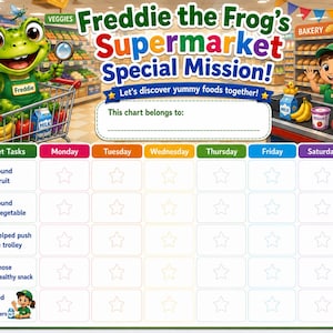 Op de afbeelding: Een kleurrijke takenkaart voor kinderen met de titel Freddie the Frog's Supermarket Special Mission. Het bevat een groene kikker, een supermarktscène en een wekelijks rooster voor het bijhouden van taken zoals fruit en groenten zoeken.