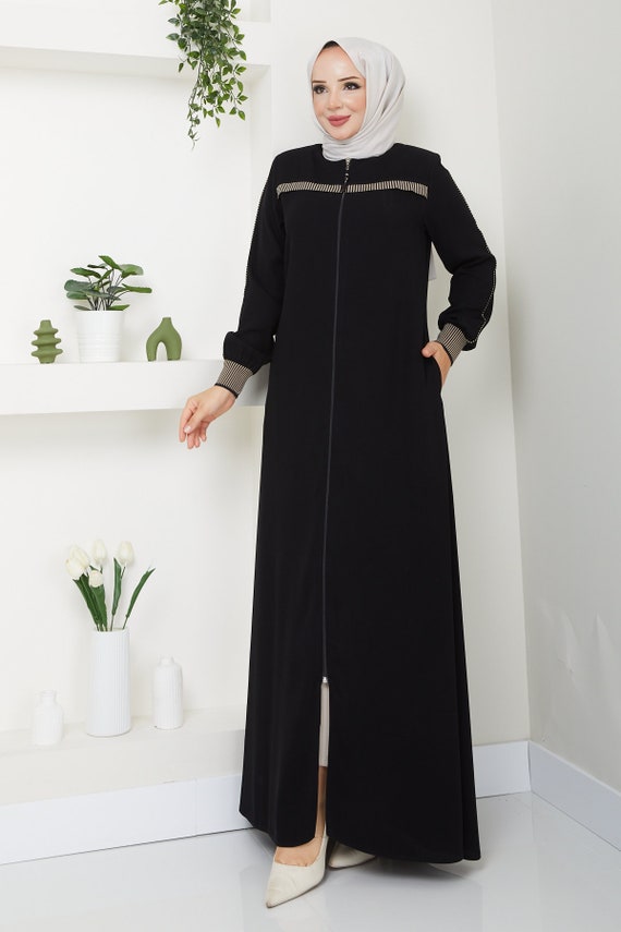 Abaya femme manches longues cachee fermeture eclair Noir robe musulmane avec poches grande taille abaya de sport elegante Etsy France