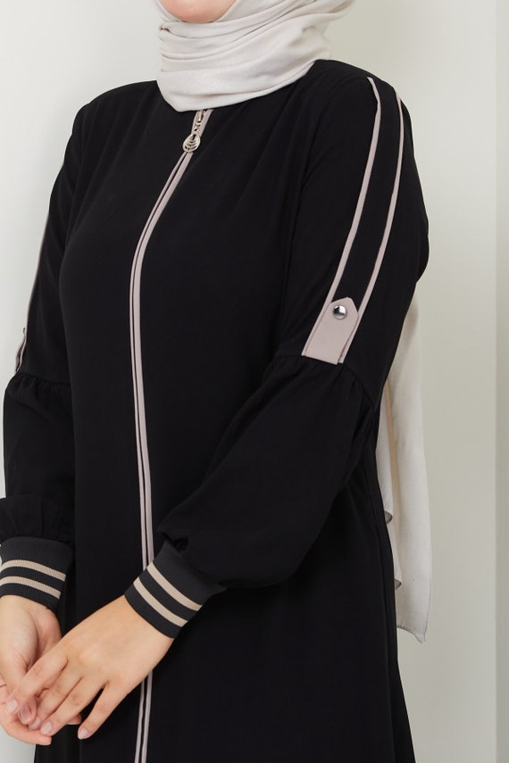 Abaya for Women's Long Sleeve Hidden Zipper Black Muslim Dress