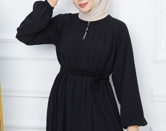 Abaya for Women's Long Sleeve Hidden Zipper Black Muslim Dress with With Pockets