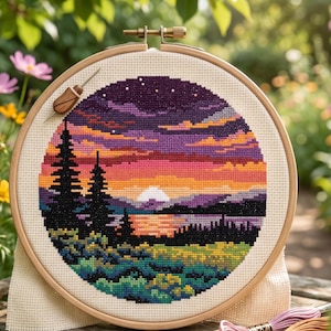Lake Sunset Cross Stitch Pattern PDF, Mountain and Water Reflection Embroidery, Nature Needlework