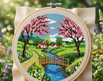Modèle de point de croix printanier, PDF de broderie de fleurs de cerisier, paysage de village