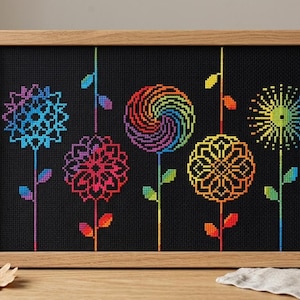 Modern Floral Cross Stitch Pattern, Rainbow Gradient Embroidery Design (Digital Download)