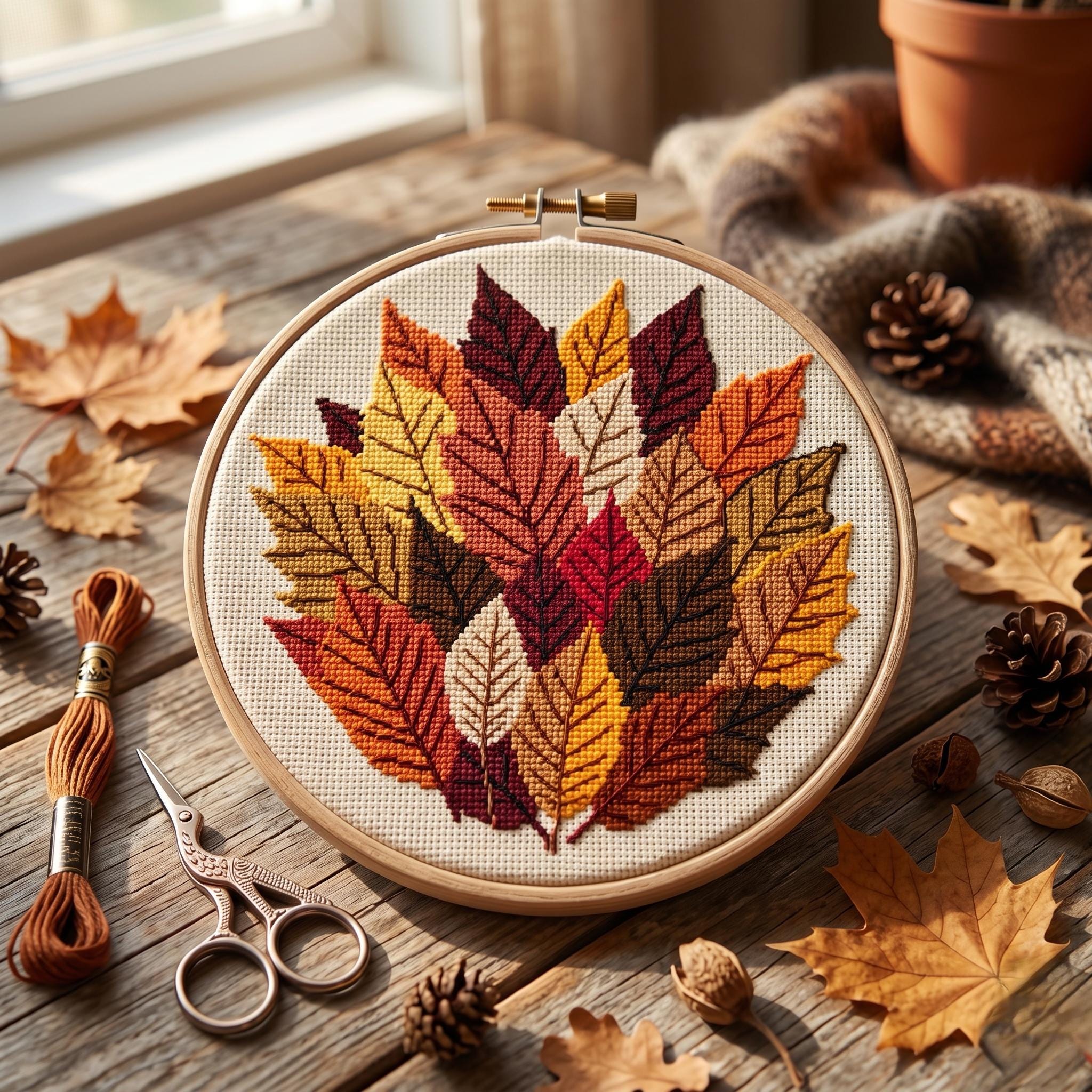 Autumn Leaves Cross Stitch Pattern PDF, Fall Embroidery Design, Cozy ...