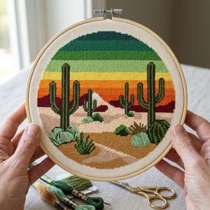 Cactus-kruissteekpatroon, woestijnlandschap met retrokleuren, natuur, pdf-download