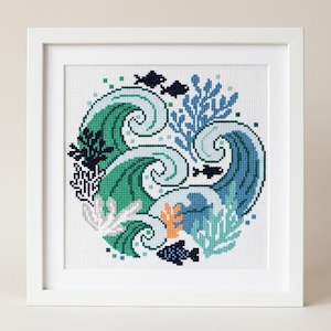Modern Ocean Cross Stitch Pattern, Wave Art Embroidery PDF, Coastal Design