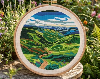 Paysage, motif point de croix PDF, champs et collines, motif de broderie nature