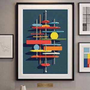Pode incluir: Impressão de arte emoldurada com um design geométrico abstrato. A obra apresenta formas vermelhas, laranja, amarelas, azuis e brancas sobre um fundo azul escuro. A moldura preta envolve a obra, exposta numa parede cinzenta.