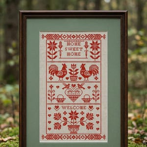 Primitive Redwork Cross Stitch Pattern, Home Welcome Sampler, Folk Floral and Bird Chart PDF