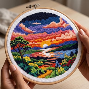 Sunset Landscape Cross Stitch Pattern PDF, Colorful Lake Reflection Scene, Nature Embroidery