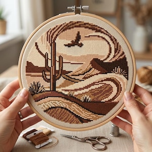 Cactus Cross Stitch Pattern, Desert Scene with Mountains and Birds, Minimalist PDF Download