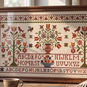 Op de afbeelding: Ingelijste kruissteek sampler met een bloemen- en vogelontwerp. De borduursels bevatten rode, groene en gele bloemen, vogels en het alfabet. De sampler zit in een houten frame.