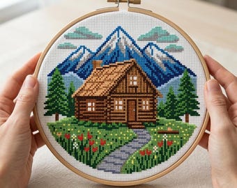 Nature Cabin Cross Stitch Pattern PDF, Mountain House and Forest Scene, Landscape Design