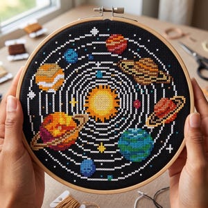 May include: A cross-stitch embroidery of the solar system, featuring the sun and planets in various colors against a black background. The embroidery is held in a wooden hoop, showcasing a handmade craft project.
