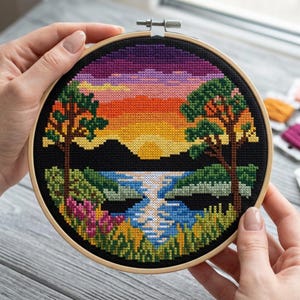 May include: A cross-stitch landscape scene in a round wooden hoop. The design features a sunset over a body of water, with trees and flowers in the foreground. The sky transitions from purple to orange and yellow.